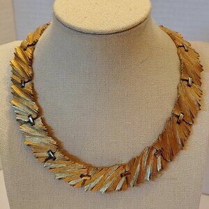 Vintage MCM Trifari Brutalist Textured Gold Tone Panel Choker Necklace